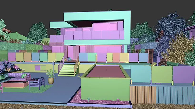 Modélisation-3D-Piscine-Blender Modélisation 3D de la piscine dans la cour d'une maison